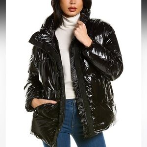 Tahari black shiny puffer coat with removable hood